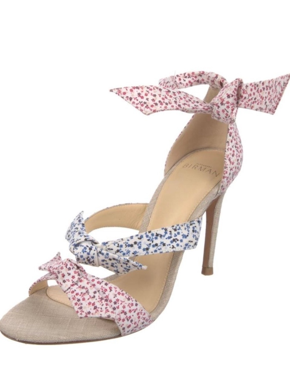 Alexandre Birman Floral Tie-Ankle Stiletto Sandal in Pink & Blue size 39